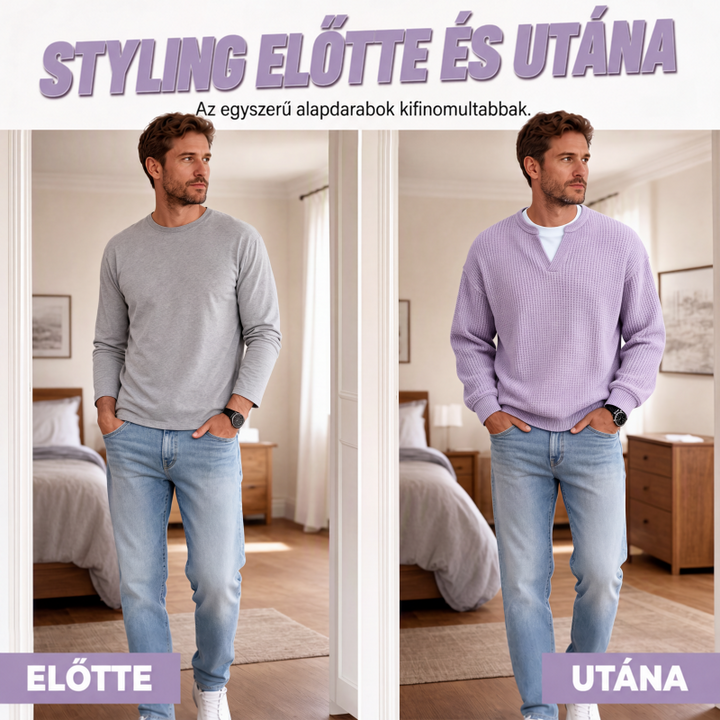 Előtte-utána kép: balra szürke sima hosszú ujjú felső, jobbra ugyanaz a férfi a lila gofrimintás felsőben, farmerrel. 2