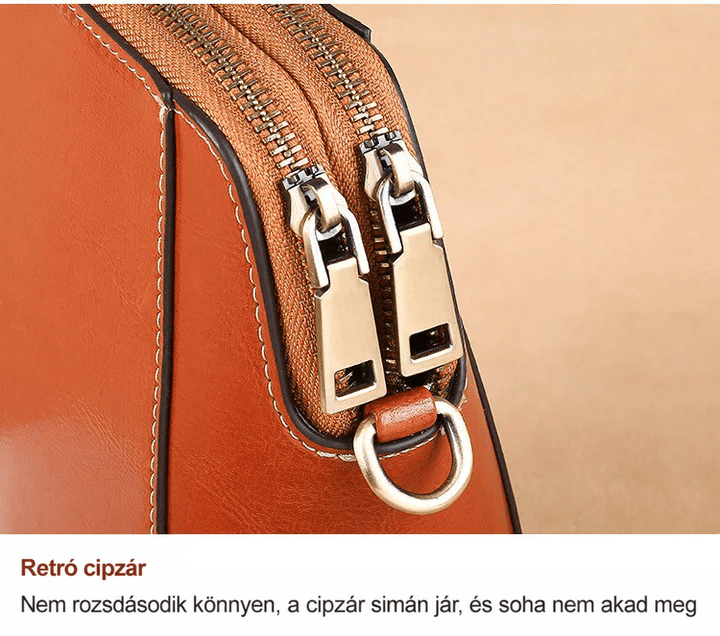 Közeli kép a táska két retro stílusú cipzárhúzójáról és a fém karikáról 13