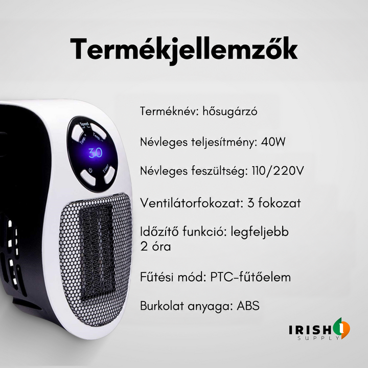 Fűtő oldalról, mellette a műszaki adatok felsorolása a teljesítményről, feszültségről és anyagról 8
