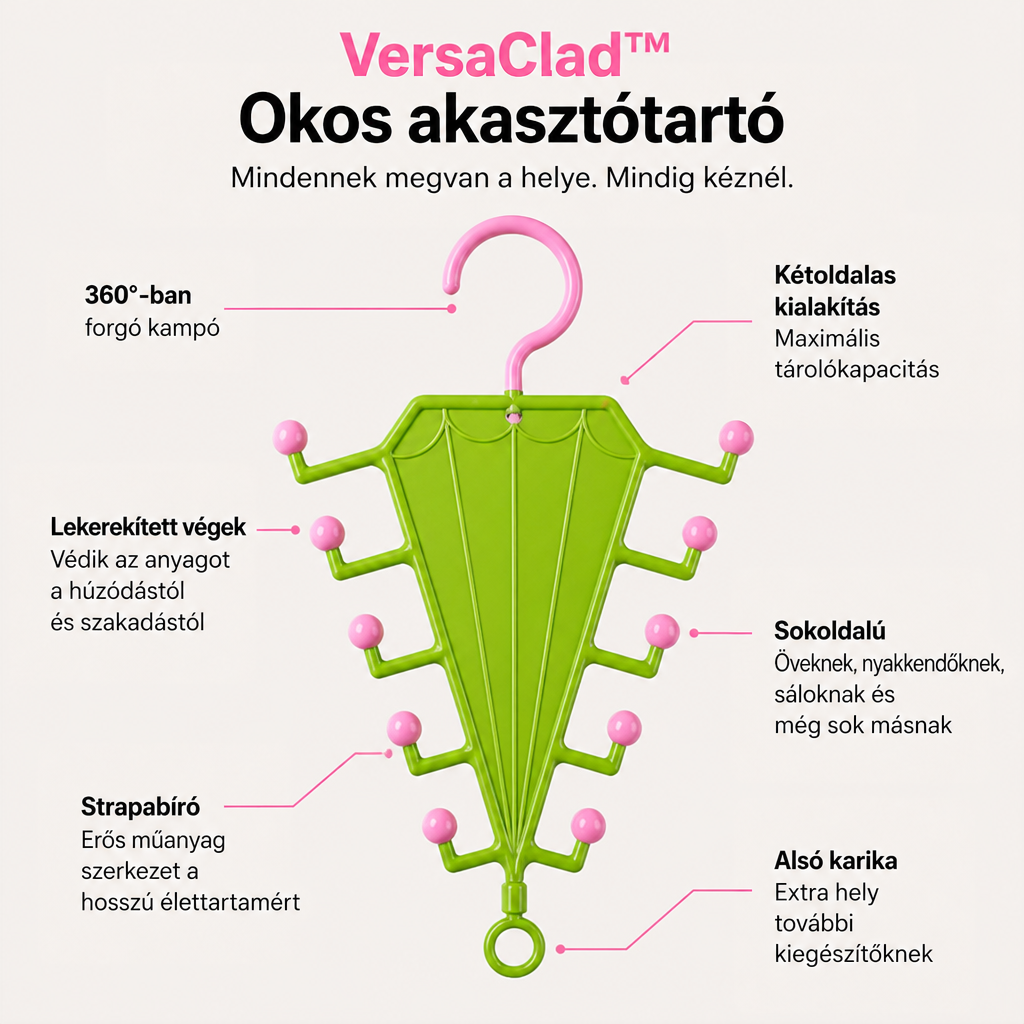 Zöld esernyő alakú akasztó rózsaszín gombos végű karokkal, nyilakkal jelölt jellemzőkkel, elölnézetből 2