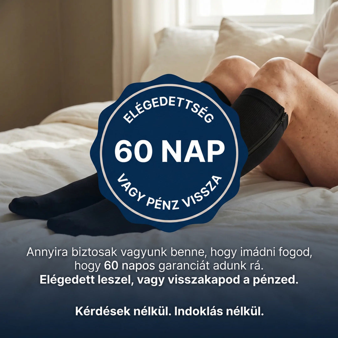 Ágyon fekvő láb fekete cipzáras harisnyában, rajta pecsét a pénzvisszafizetési garanciáról 10