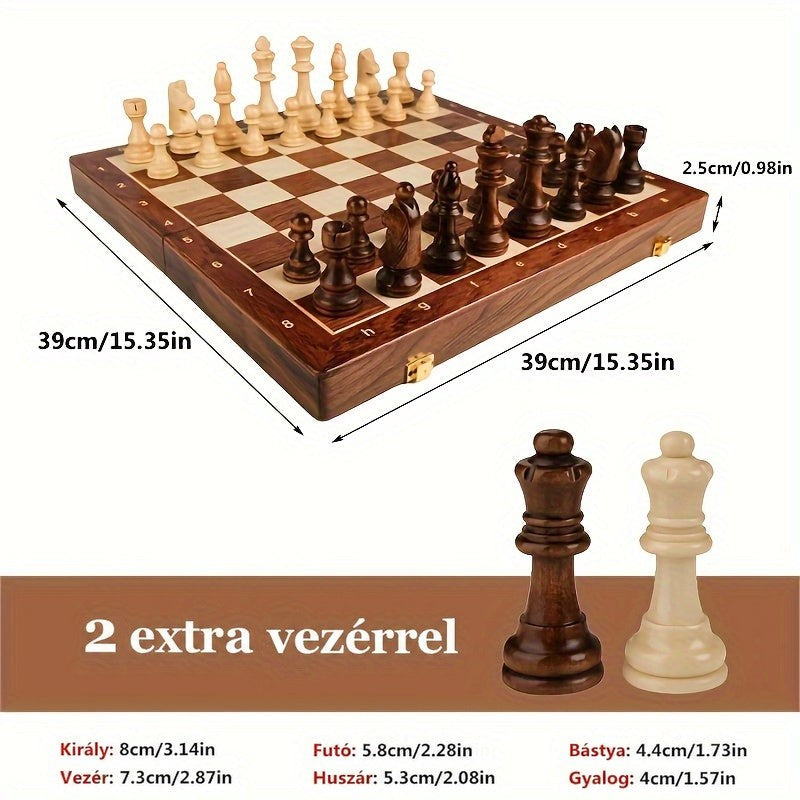Tábla- és figuraméreteket mutató tájékoztató kép felállított táblával, két királynővel és méretekkel 10