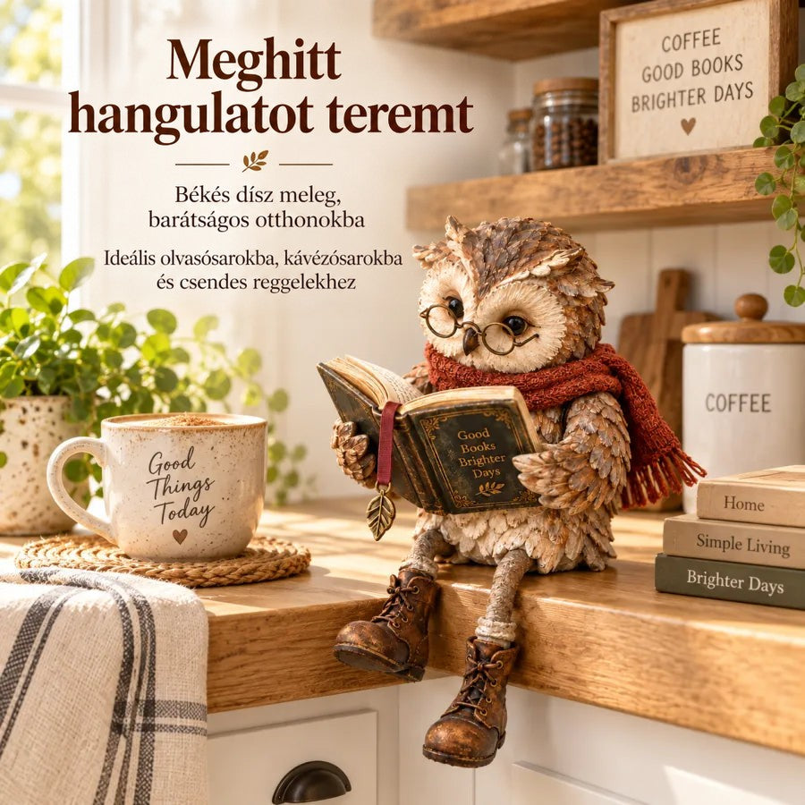A bagoly egy fa konyhapult szélén ül, mellette kávésbögre, alátét, könyvek és egy tároló edény. 6
