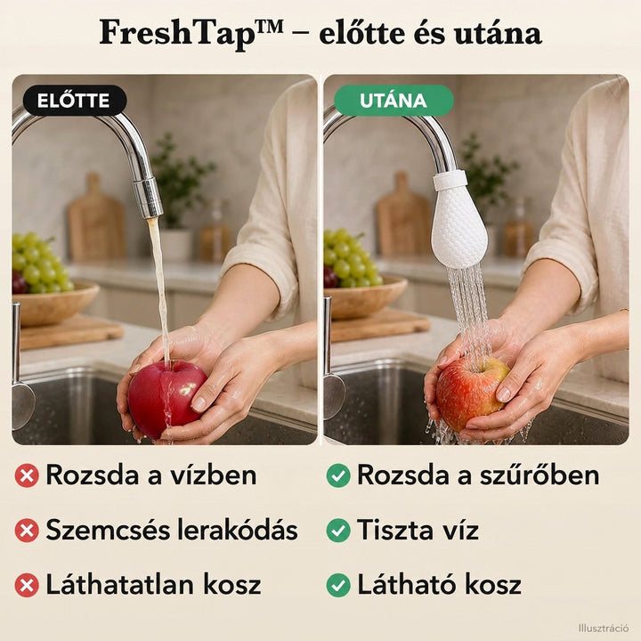 Előtte-utána összehasonlítás: balra szűrő nélküli csapból zavaros víz folyik egy almára, jobbra szűrőzsákon át tiszta víz. 9