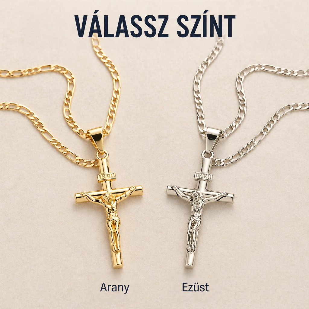 Aranyszínű és ezüstszínű feszületes nyaklánc egymás mellett, két színváltozatot mutatva 8