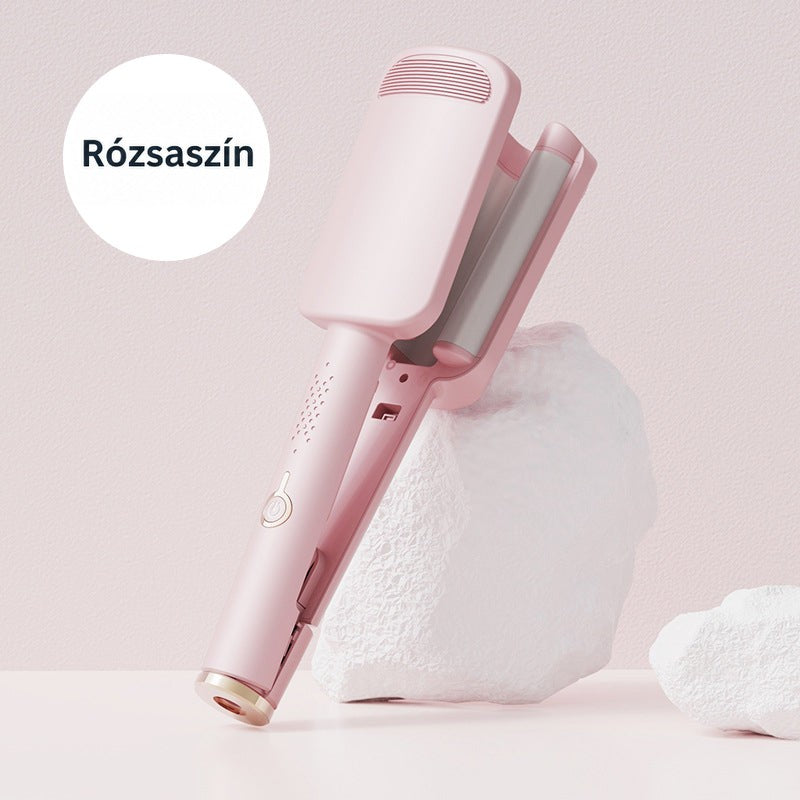 Rózsaszín hullámosító vasaló fehér sziklának támasztva, rózsaszín háttér előtt 9