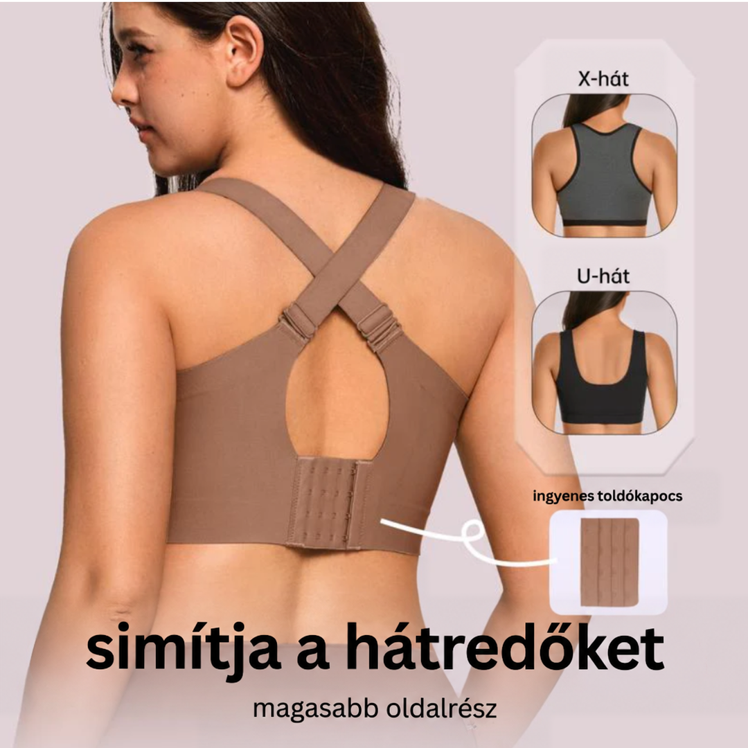 Barna melltartó hátulról, keresztezett pántokkal és kapoccsal, mellette X és U hátrész 13