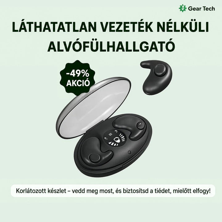 Kinyitott fekete töltőtok két fülhallgatóval, mellette egy különálló fülhallgató, akciós matricával 8