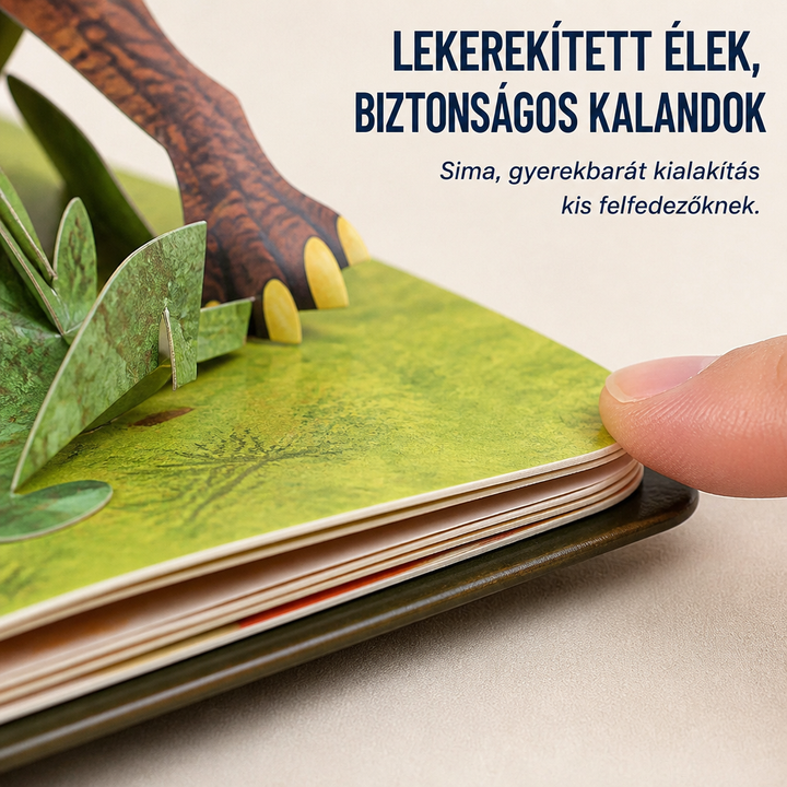 Közelkép a könyv lekerekített sarkáról és vastag lapjairól, ujj érinti az élt, mellette zöld oldalon dinólábak 5