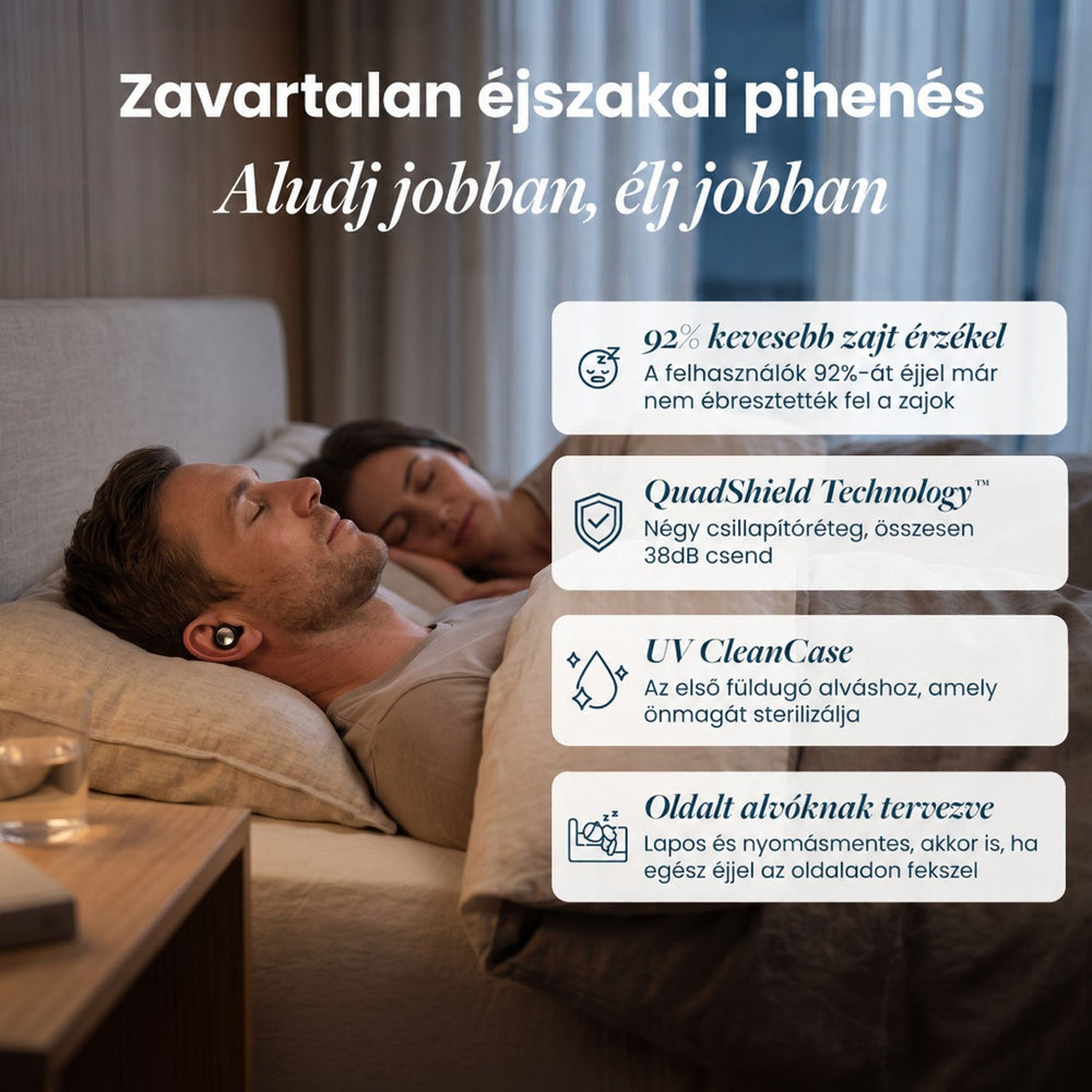Férfi fekszik az ágyban a fülében a dugóval, mellette alvó nő; négy előny ikonos kártyákon felsorolva. 2
