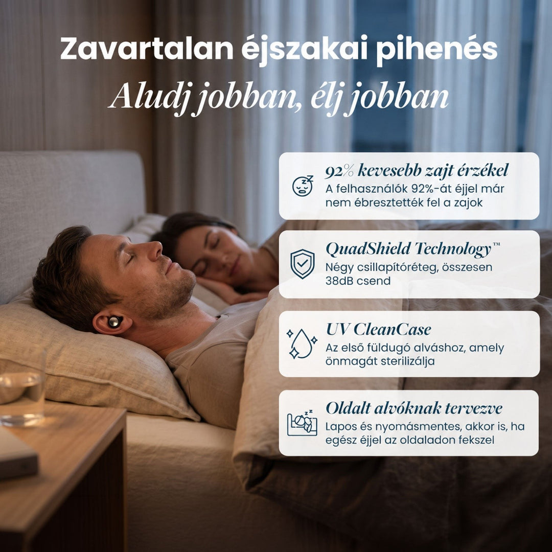 Férfi fekszik az ágyban a fülében a dugóval, mellette alvó nő; négy előny ikonos kártyákon felsorolva. 2
