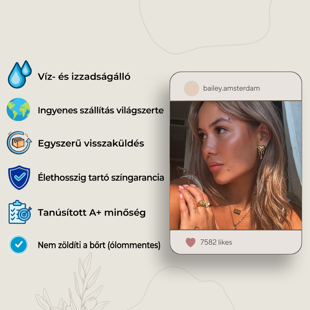Tájékoztató grafika ikonokkal a termék előnyeiről, mellette egy arcképes közösségimédia-poszt, amelyen a modell fülbevalót és 4