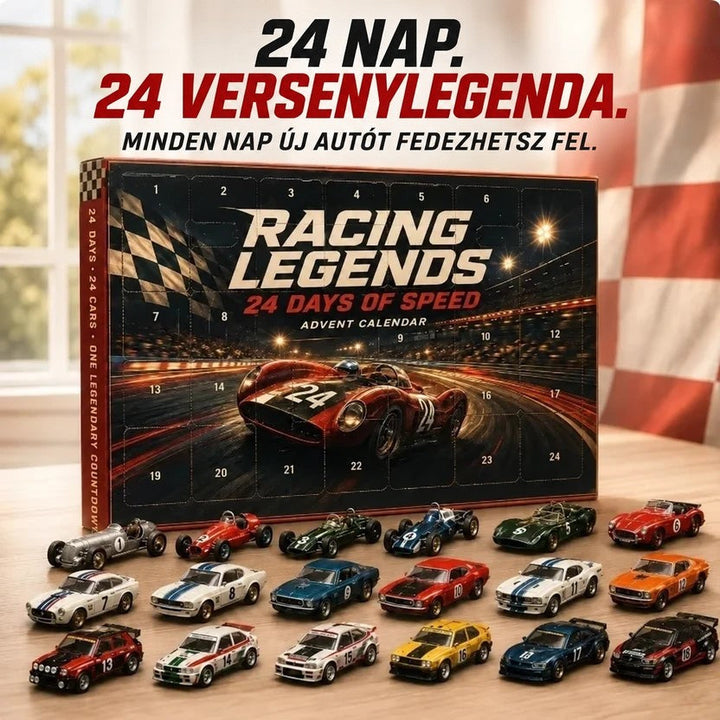 Zárt, számozott ablakos versenyautós naptárdoboz, előtte asztalon sorakozó versenyautó-modellek 12