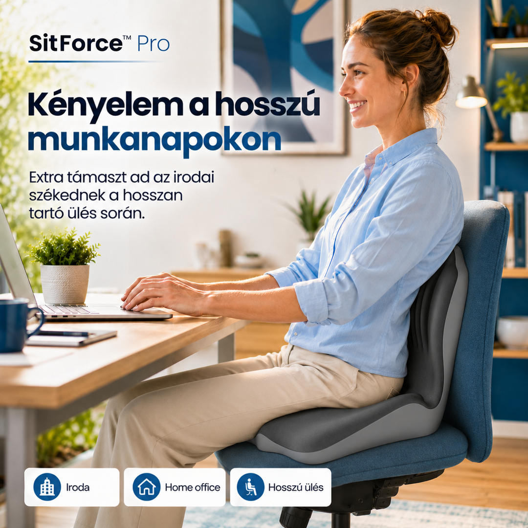 Mosolygó nő laptopnál ül a kék irodai széken, a háttámlás ülőpárnával a háta mögött 8