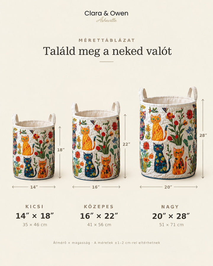 Méretábra három, egymás mellé állított macskás kosárról, kicsi, közepes és nagy méretben, az átmérőt és a magasságot jelző nyilakkal. 5