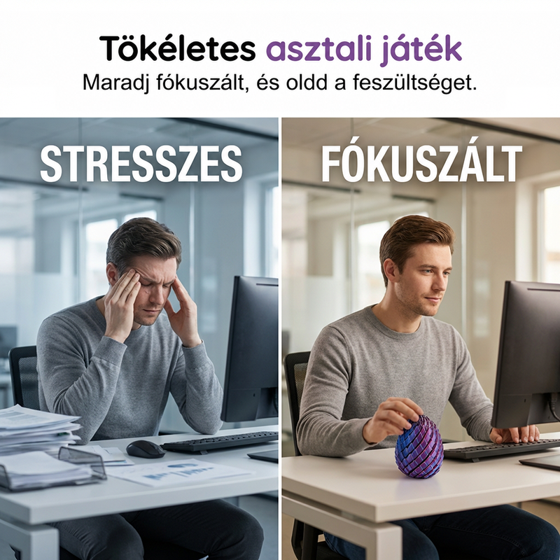 Kétrészes összehasonlító kép: egy stresszes, fejét fogó férfi az íróasztalnál, mellette ugyanő nyugodtan, a kezében a lila sárkánytojással. 2