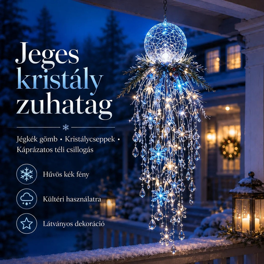 Jégkék gömbös függődísz hideg kék fényekkel, kristálycseppekkel és hópelyhekkel havas tornácon éjszaka 7