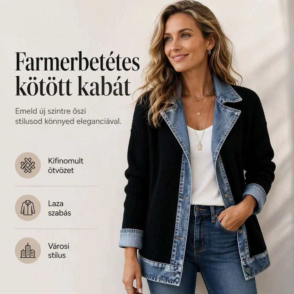 Nő zsebre dugott kézzel viseli a fekete kabátot, a kép mellett szöveges ismertető ikonokkal 4