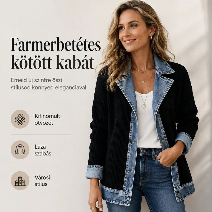Nő zsebre dugott kézzel viseli a fekete kabátot, a kép mellett szöveges ismertető ikonokkal 4