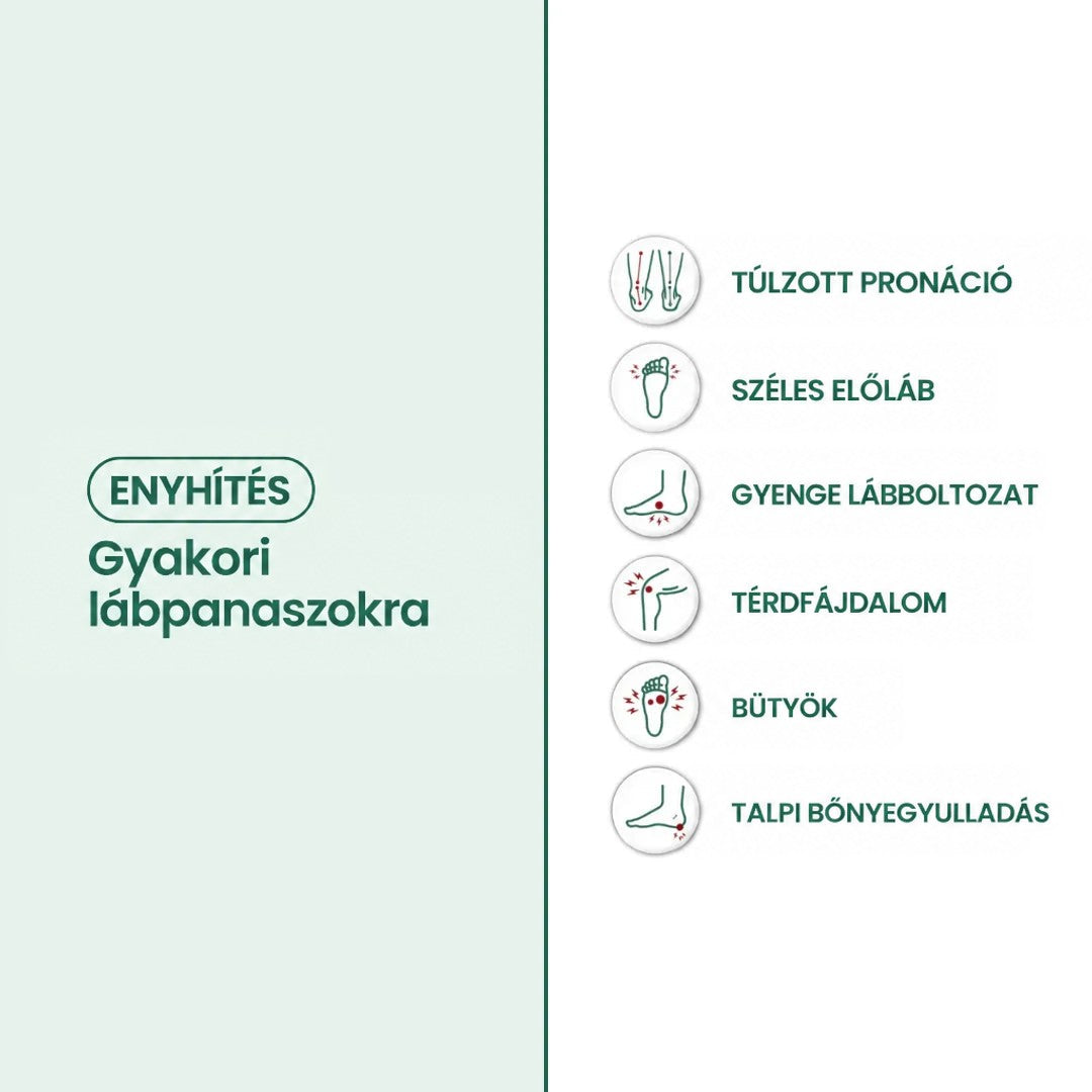 Infografika ikonokkal a lábpanaszokról, amelyekre a cipő enyhülést kínálhat, spanyol szöveggel 12