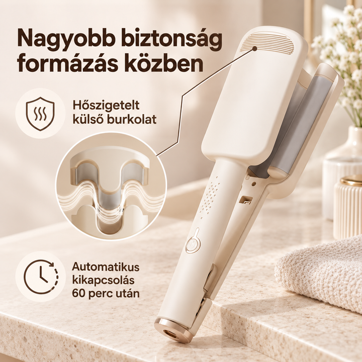 Bézs hullámosító vasaló fürdőszobai pulton, nagyítással a hőszigetelt külső burkolatról és az automata kikapcsolás ikonjával 13