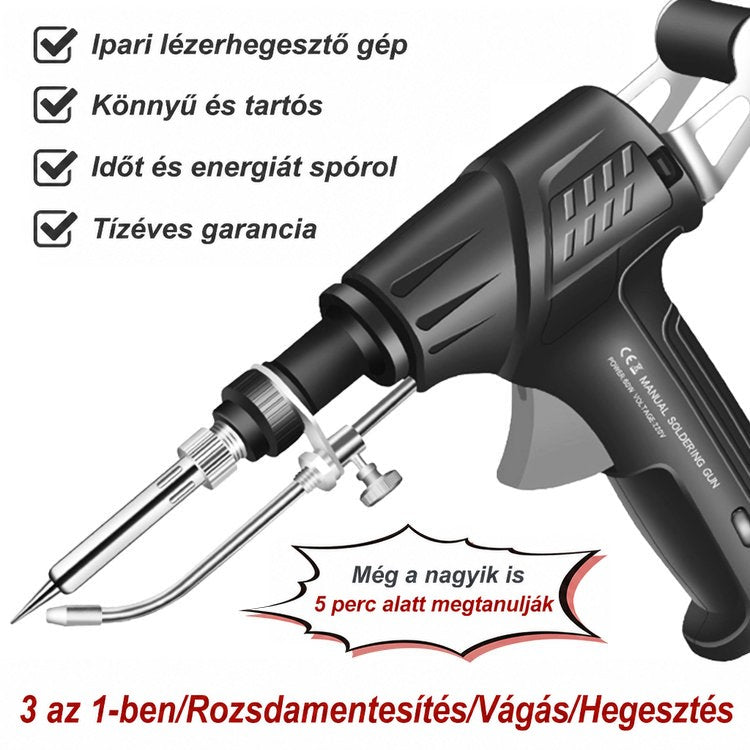 A fekete szerszám oldalnézete előnyök felsorolásával, a hegesztést, vágást és rozsdaeltávolítást is említve 11