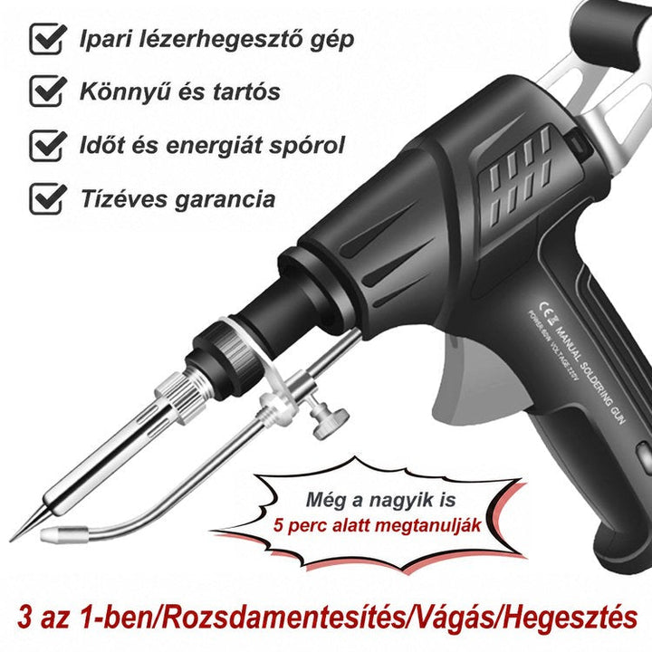 A fekete szerszám oldalnézete előnyök felsorolásával, a hegesztést, vágást és rozsdaeltávolítást is említve 11