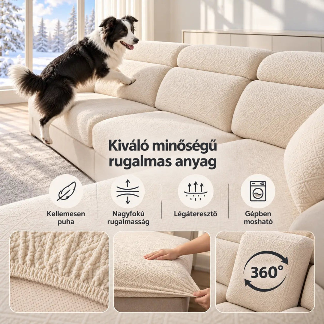 Krémszínű huzatos kanapén felugró border collie, alatta a szövet tulajdonságait mutató kis részletképek 4