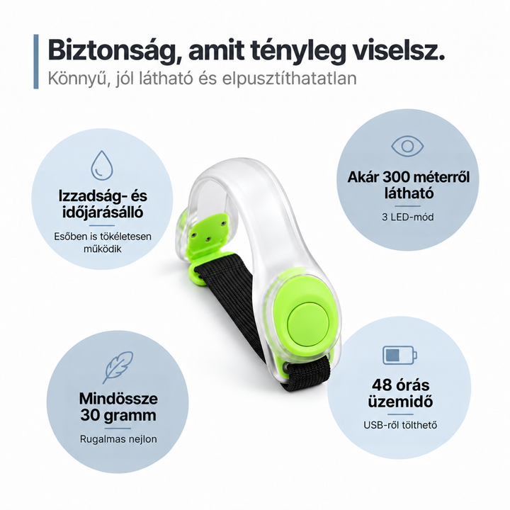 Lime zöld gombos átlátszó karpánt, körülötte négy körben a főbb tulajdonságok ikonjai 9