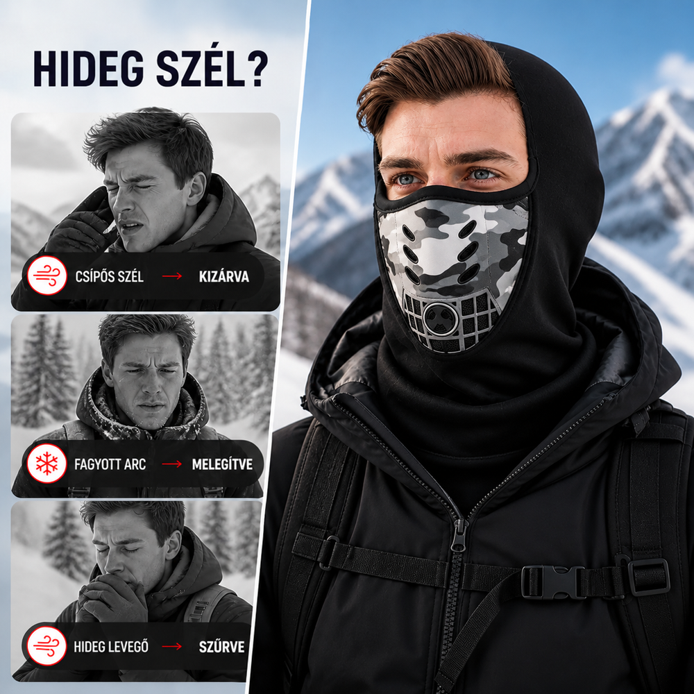 Férfi hóborította hegyek előtt viseli a fekete maszkot; mellette három kis kép a hideg szél, fagyott arc és hideg levegő elleni védelemről. 2