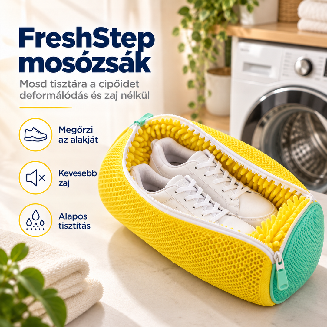 Sárga hálós mosózsák kinyitva, benne fehér sportcipő pár, háttérben mosógép a mosókonyhában 1