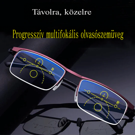 Bordó színű félkeretes szemüveg közelről, a lencséken sárga vonalakkal jelölt progresszív fókuszzónák látszanak 2