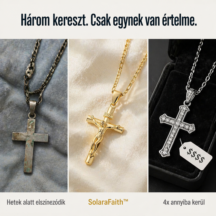 Három feszület egymás mellett: egy elszíneződött, az aranyszínű feszület és egy köves ezüstszínű, árcímkével 5