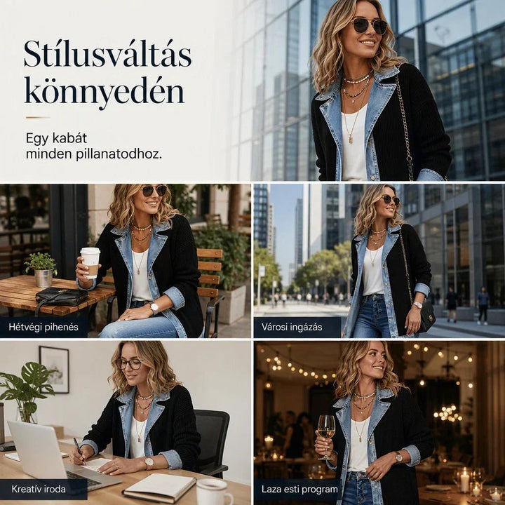 Négy jelenetes kollázs: hétvégi kávézás, városi ingázás, irodai munka és esti vacsora ugyanabban a kabátban 8