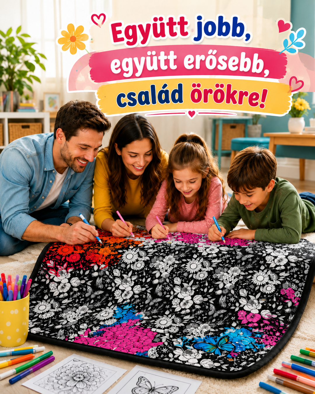 Négytagú család fekve színezi a fekete-fehér virágmintás takarót filctollakkal, a minta egy része már kiszínezve 3