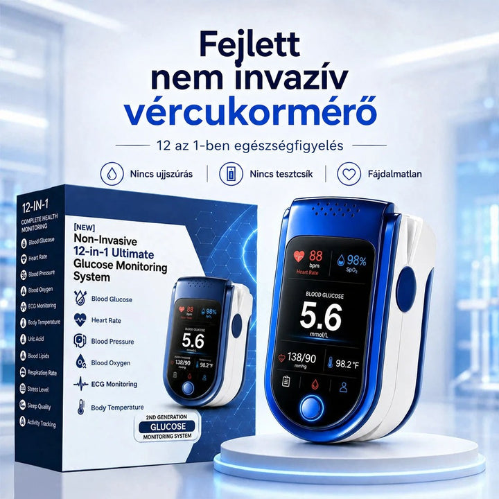 Az egészségmérő és kék-fehér dobozának együttes képe tiszta, világos, laborszerű háttér előtt. 10