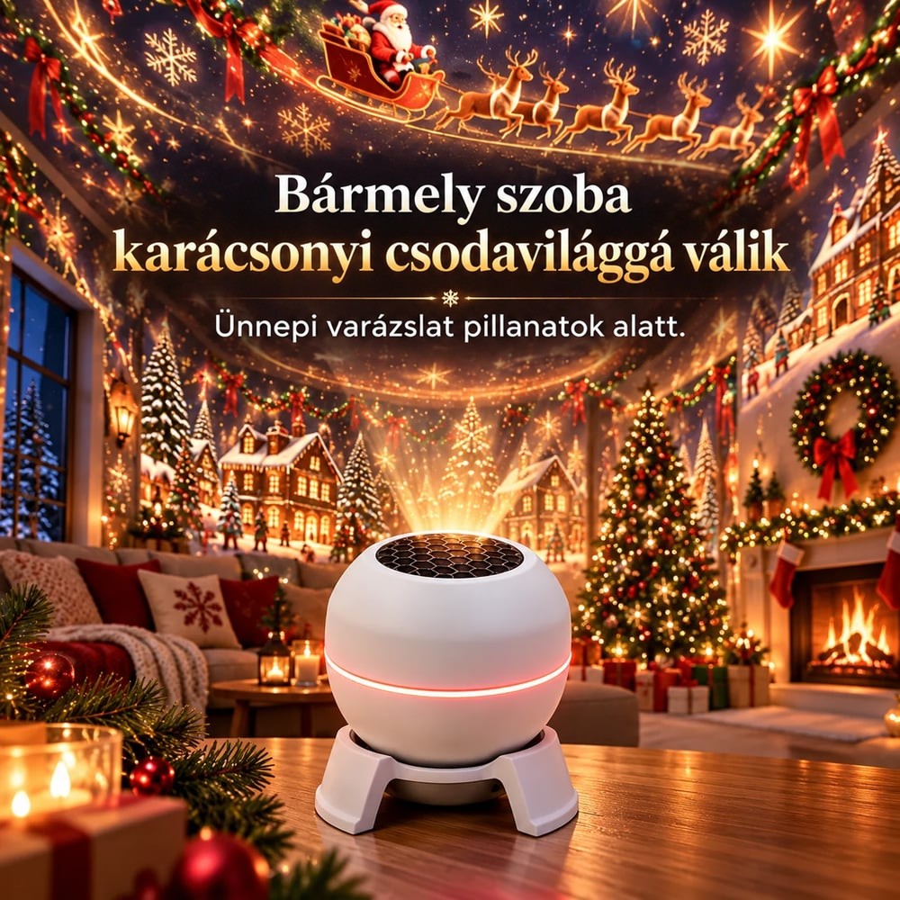 A fehér projektor az asztalon karácsonyi nappaliban, a falakon és mennyezeten Mikulás szánon és havas falu vetül 2