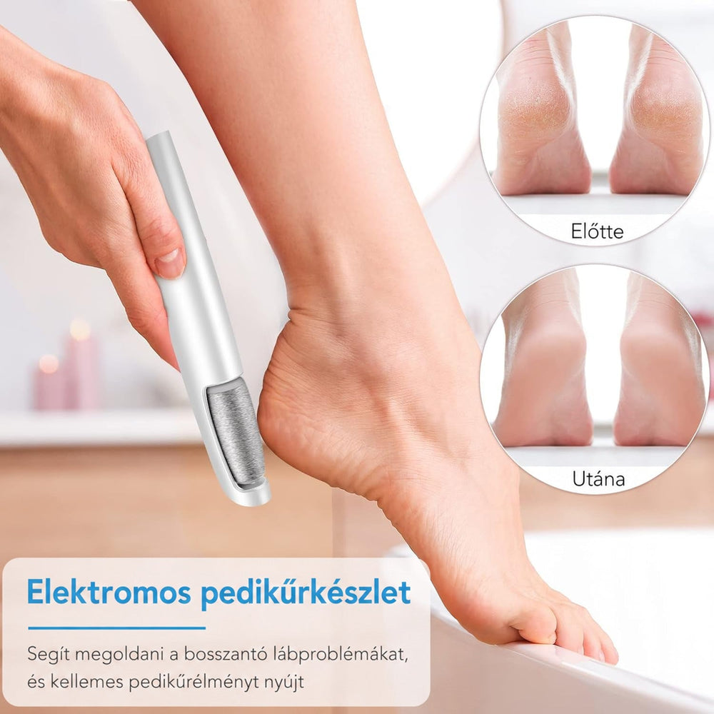 Egy kéz a készülékkel csiszolja a sarkat egy kádperemen; a körökben a repedezett és a sima sarok előtte-utána összehasonlításban látszik. 2