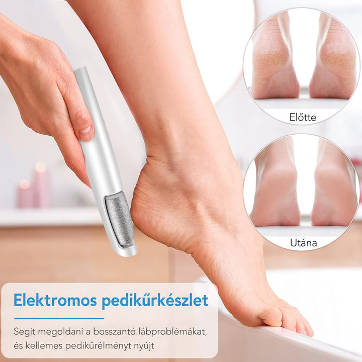 Egy kéz a készülékkel csiszolja a sarkat egy kádperemen; a körökben a repedezett és a sima sarok előtte-utána összehasonlításban látszik. 2