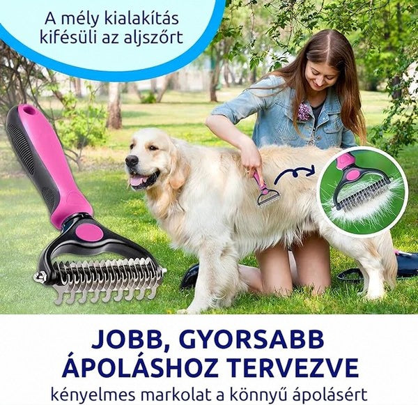 Fiatal nő a szabadban fűben térdelve rózsaszín nyelű gereblyével fésüli a nagy, világos szőrű kutyát. 8