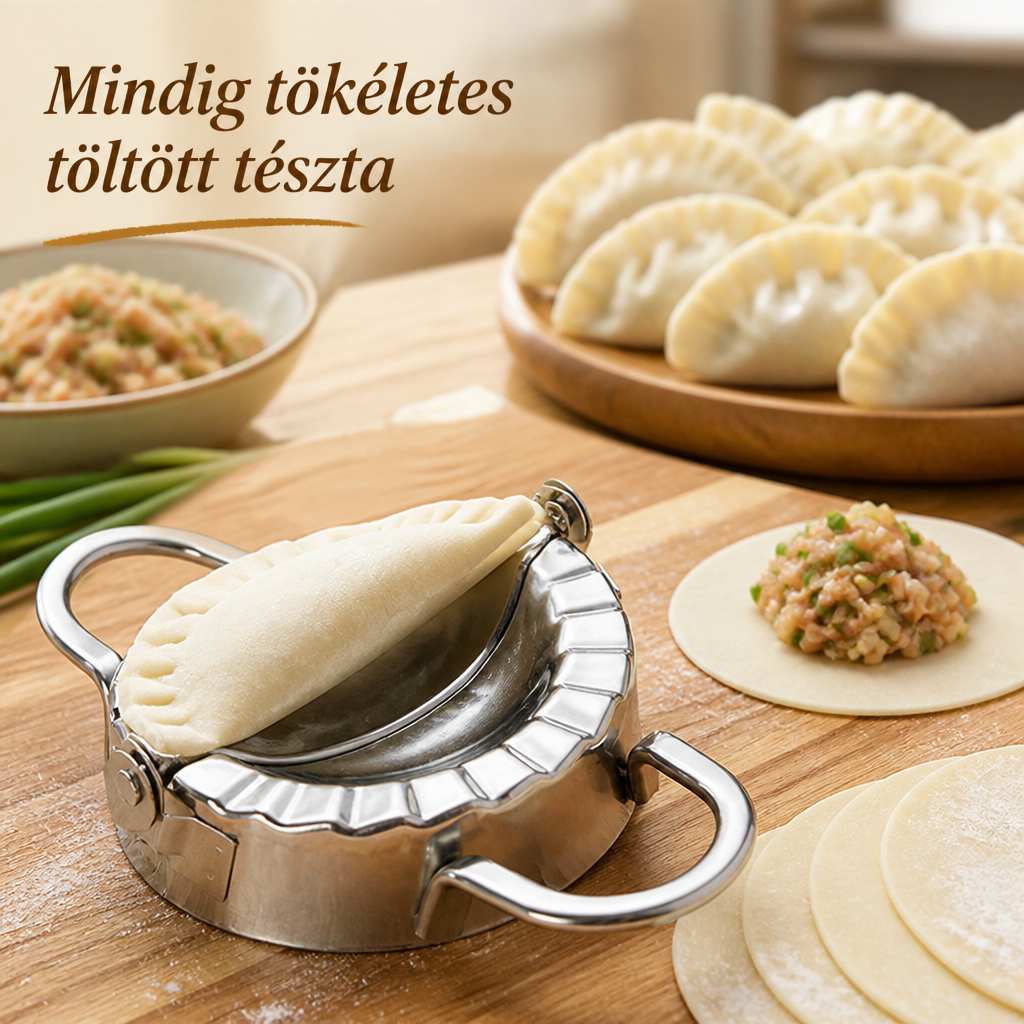 Rozsdamentes gombócforma félbehajtott tésztával egy fa vágódeszkán, mögötte kész gombócok tálcán, töltelékes tál és kinyújtott tésztakorongok. 1