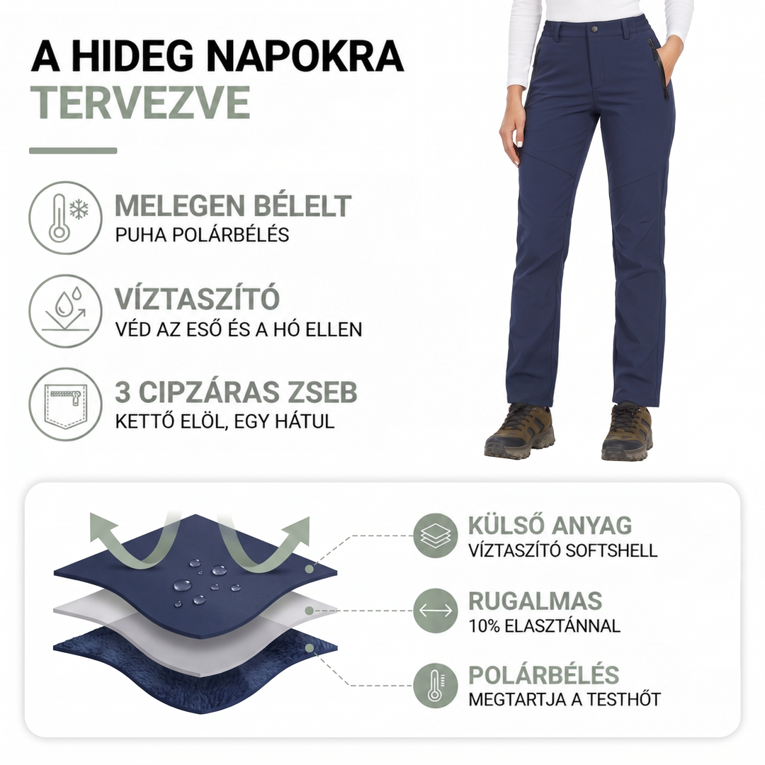 Sötétkék nadrágos modell és a rétegek keresztmetszeti rajza, melyek a béleltséget és a vízlepergetést mutatják 2