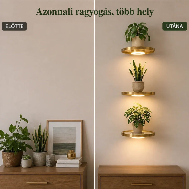 Előtte-utána kép: balra komód dísztárgyakkal és növényekkel, jobbra a falon három megvilágított arany polc, szabad komódfelülettel. 4
