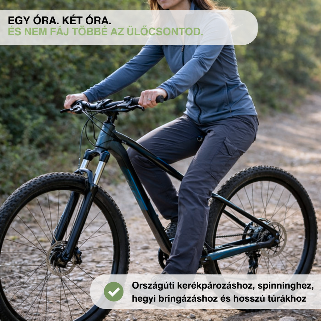 Nő terepkerékpáron ül, kék felsőben és sötét nadrágban, német felirattal az utazásról 4