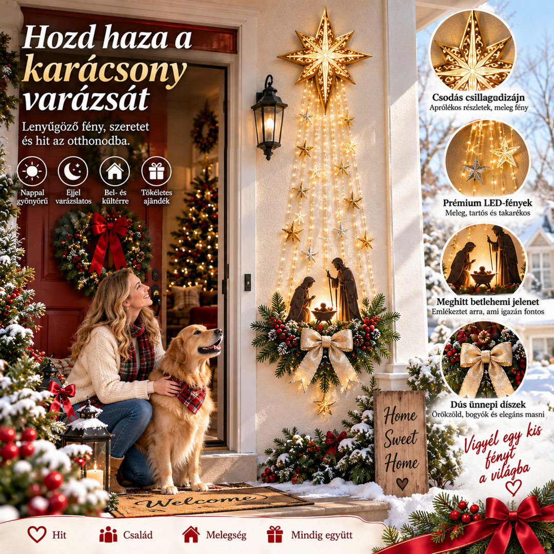 A dísz a bejárat mellett, előtte nő és kutya, körben kis nagyítások a részletekről 8