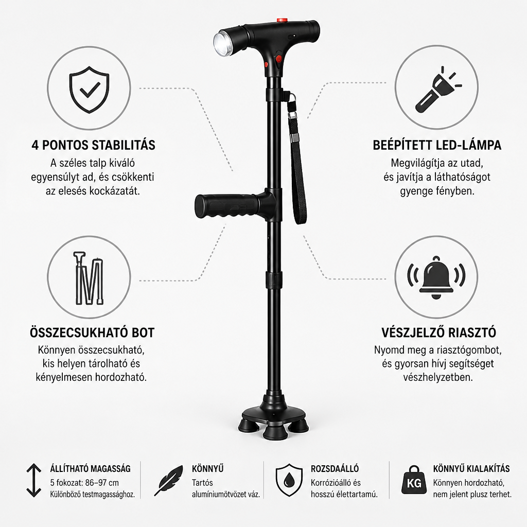 Fekete sétapálca körül ikonos infografika a stabil talpról, LED fényről, összecsukhatóságról, riasztóról és a 4