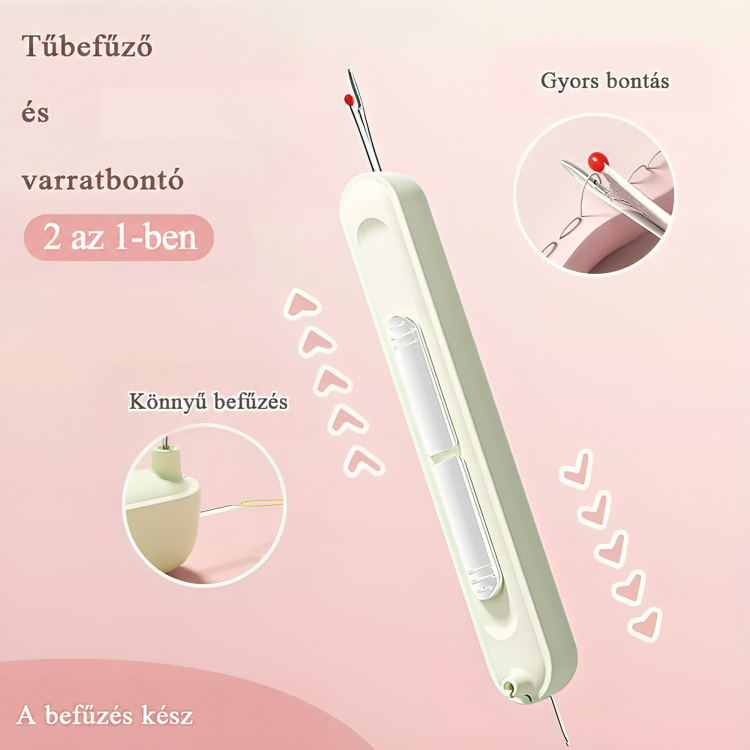 Krémzöld hordozható eszköz rózsaszín háttéren, két kinagyított betéttel a tűbefűzésről és a varrásbontásról 1