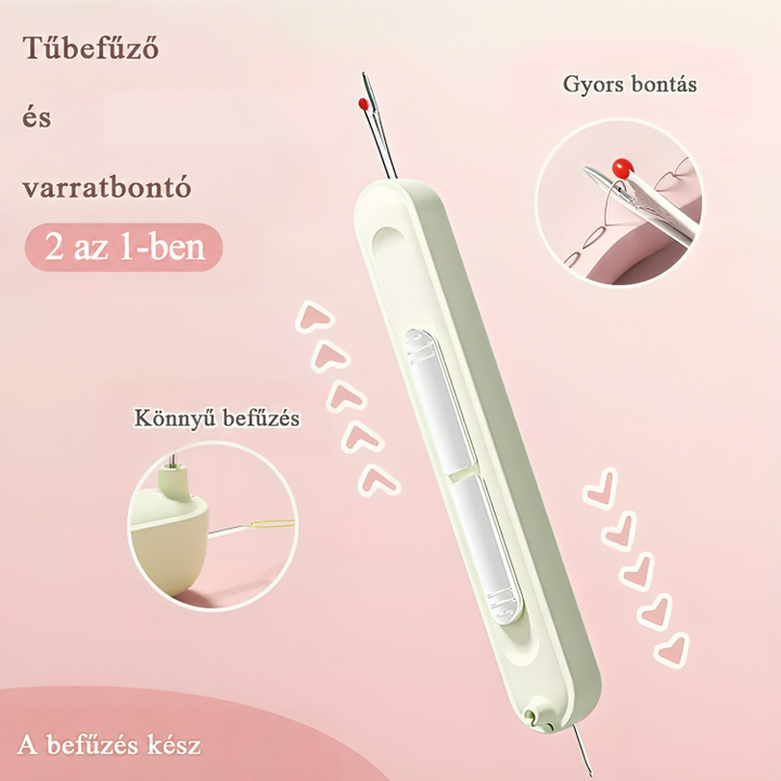 Krémzöld hordozható eszköz rózsaszín háttéren, két kinagyított betéttel a tűbefűzésről és a varrásbontásról 1