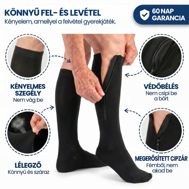 Fekete harisnya felhúzás közben, négy kiemelt részlet a szegélyről, béléről és cipzárról 7