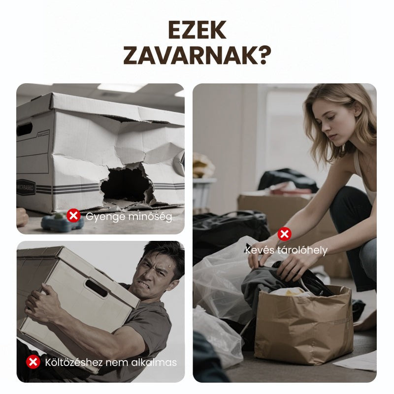 Három jelenet a hagyományos tárolás gondjairól: szakadt kartondoboz, nehezen cipelt doboz és túl kicsi papírzacskó, amelybe alig fér ruha. 2